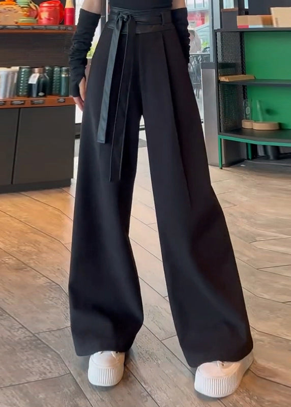 French Black Laceup Pocket Shigh Waist Patchwork Cotton Pants Fall