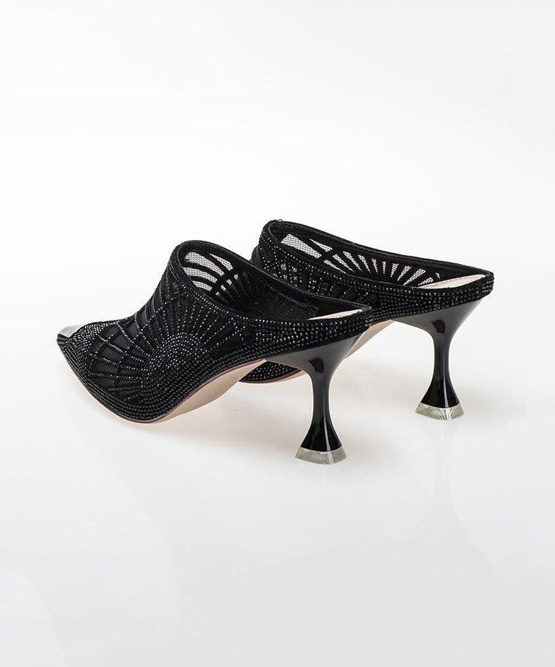 French Black Mesh Pointed Toe Zircon High Heels Slide Sandals