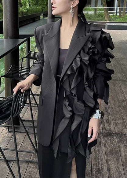 French Black Notched Asymmetrical Coats Long Sleeve