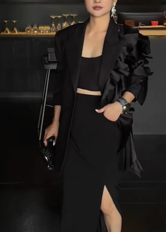 French Black Notched Asymmetrical Coats Long Sleeve