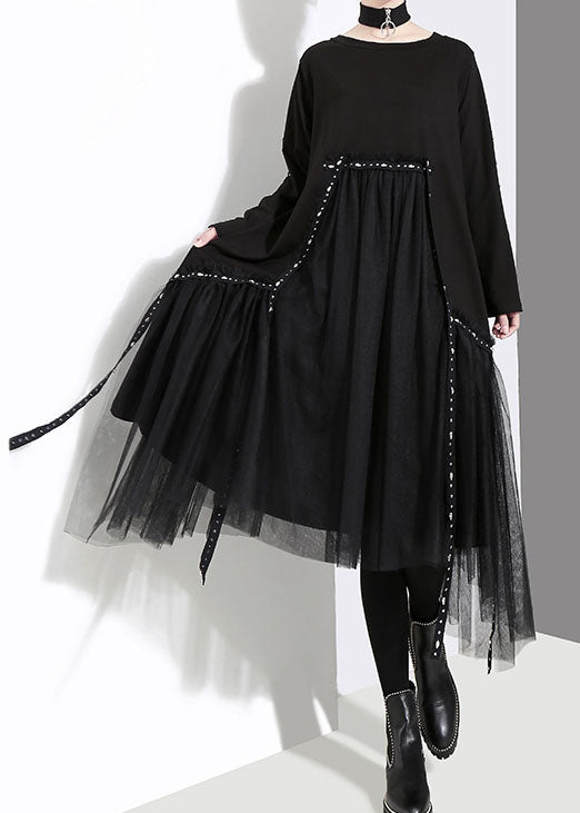 French Black O-neck Asymmetrical Tulle Patchwork Long Dresses Spring