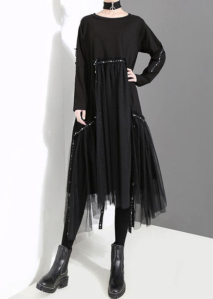 French Black O-neck Asymmetrical Tulle Patchwork Long Dresses Spring