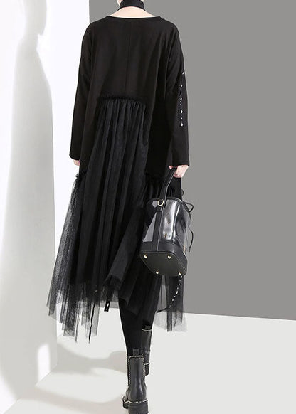 French Black O-neck Asymmetrical Tulle Patchwork Long Dresses Spring