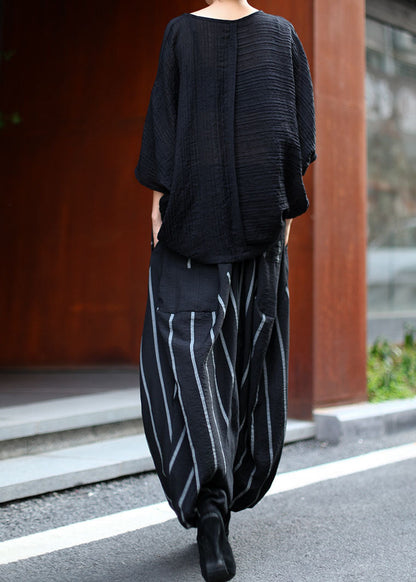 French Black O-neck Bat Wing Sleeve + Striped Patchwork Harem Pants Two Pieces Set Spring