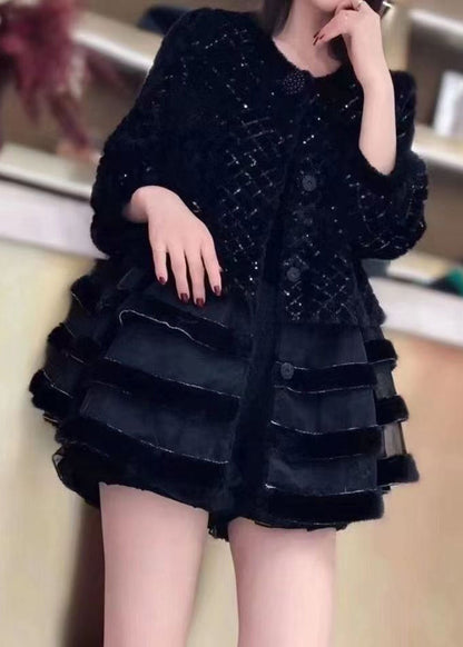 French Black O-neck Button Patchwork Velour Coats Fall