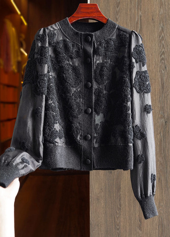 French Black O-neck Button Silk Wool Patchwork Knit Coat Long Sleeve