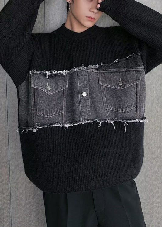 French Black O Neck Denim Patchwork Knit Sweater Fall