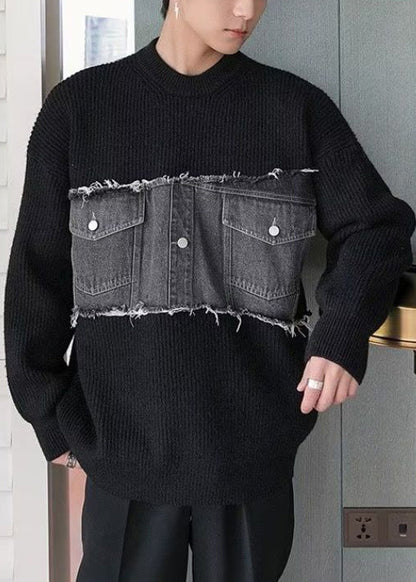 French Black O Neck Denim Patchwork Knit Sweater Fall