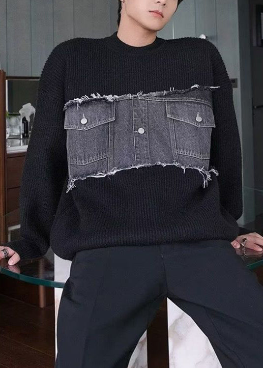 French Black O Neck Denim Patchwork Knit Sweater Fall