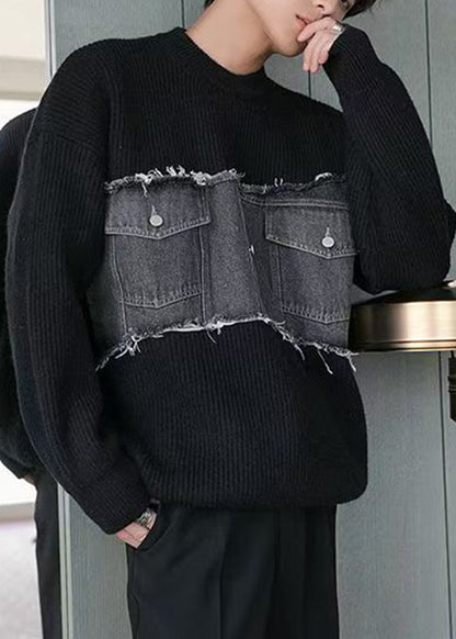 French Black O Neck Denim Patchwork Knit Sweater Fall