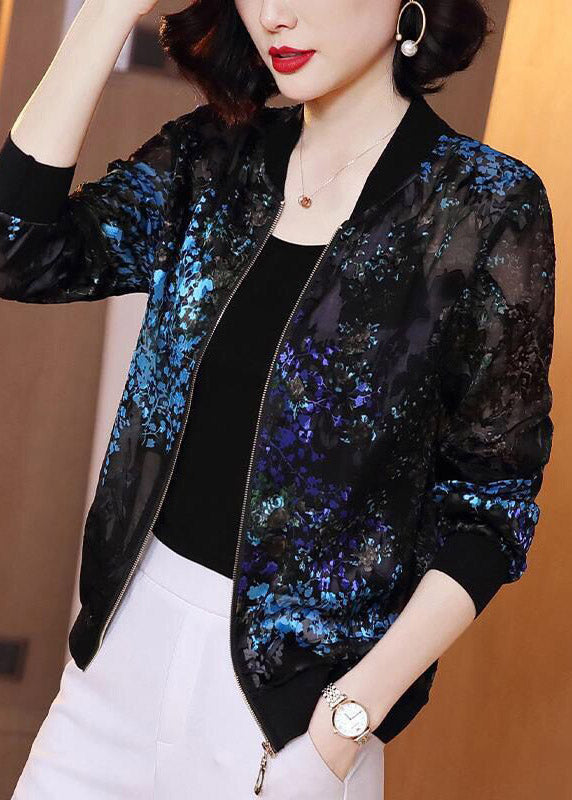 French Black O-neck Embroideried Zippered Chiffon Coat Long Sleeve