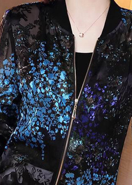 French Black O-neck Embroideried Zippered Chiffon Coat Long Sleeve