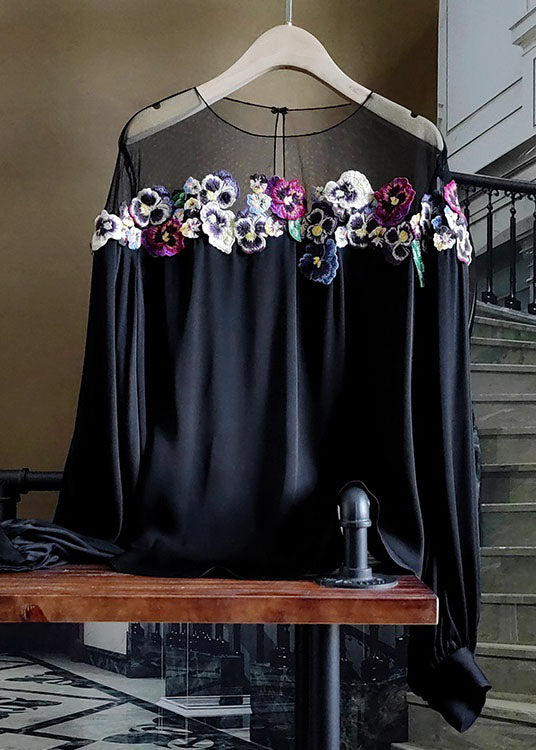 French Black O-neck Embroideried Patchwork Silk Tops Spring
