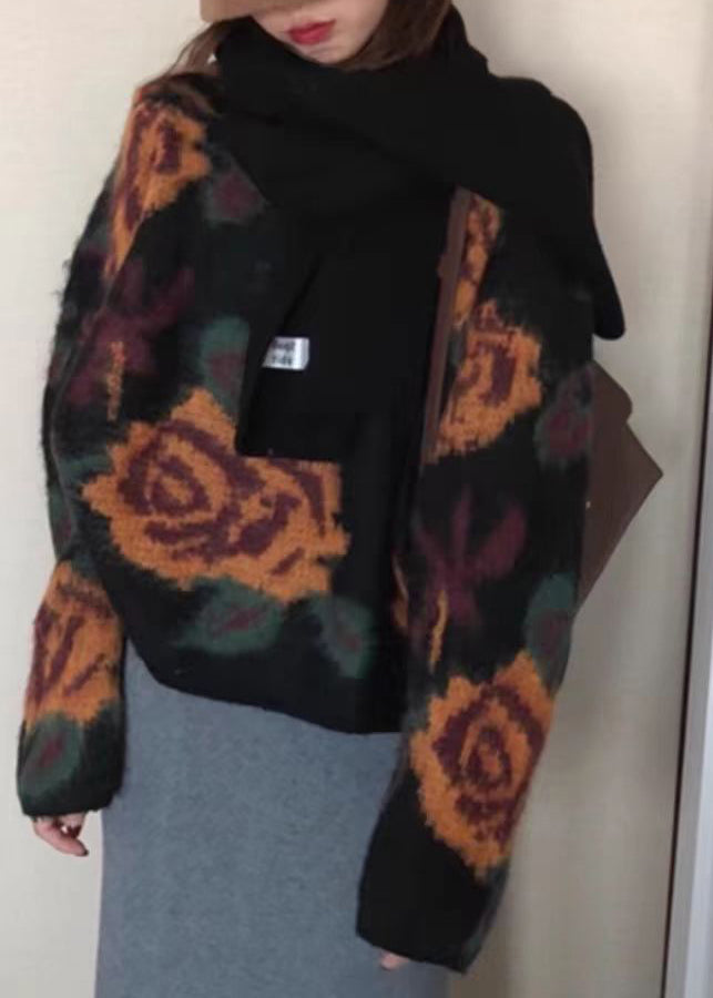 French Black O Neck Jacquard Knit Sweater Tops Spring