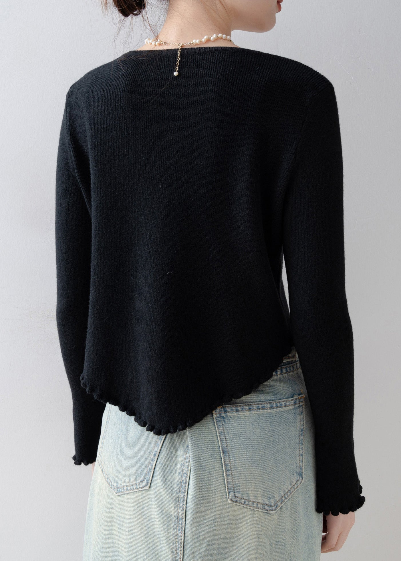 French Black O Neck Ruffled Knitted Tops Spring