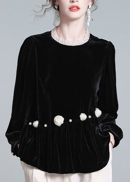 French Black O-Neck Floral Wrinkled Silk Velour Top Lantern Sleeve