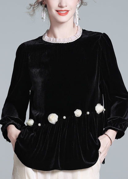 French Black O-Neck Floral Wrinkled Silk Velour Top Lantern Sleeve