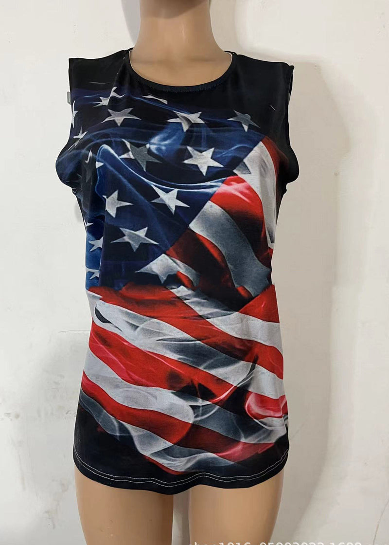 French Black O-neck Independence Day Print Cotton Tank Top Summer