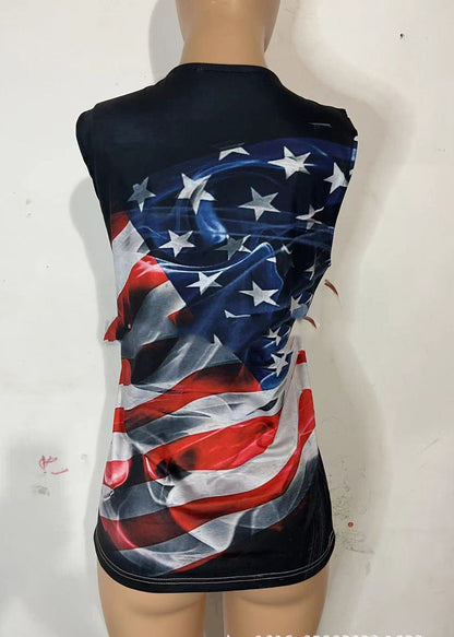 French Black O-neck Independence Day Print Cotton Tank Top Summer