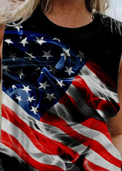 French Black O-neck Independence Day Print Cotton Tank Top Summer