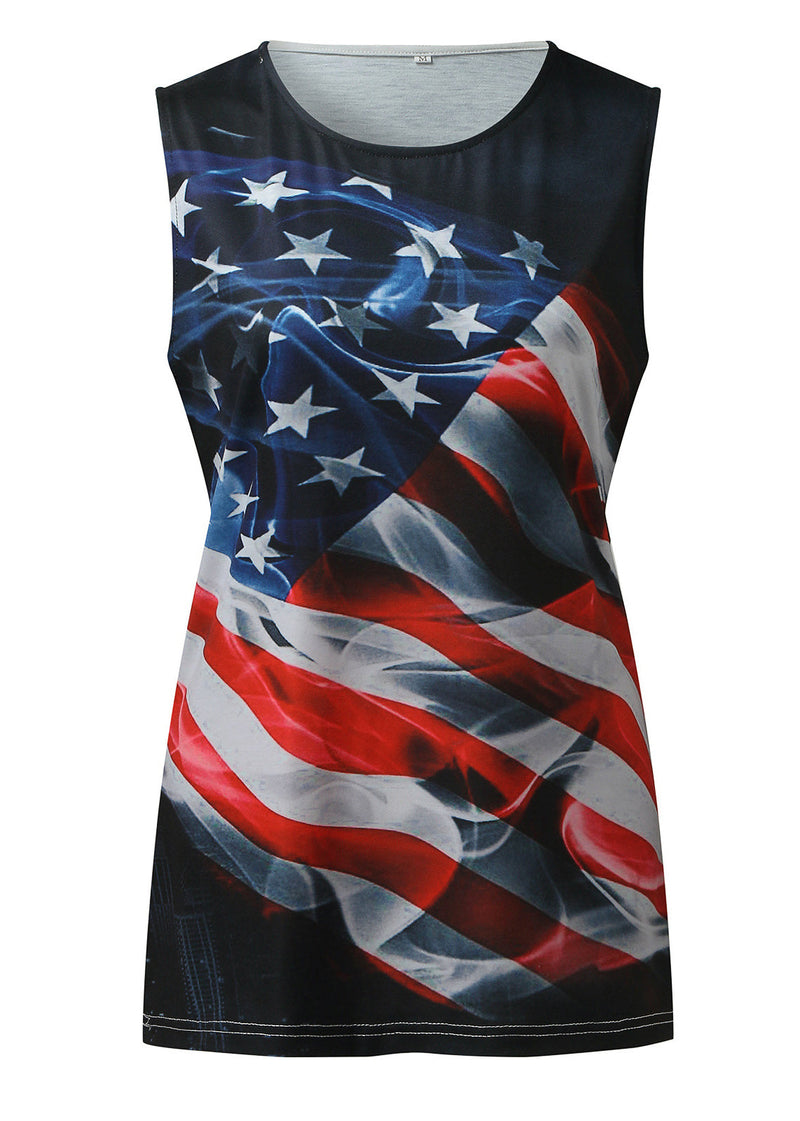 French Black O-neck Independence Day Print Cotton Tank Top Summer
