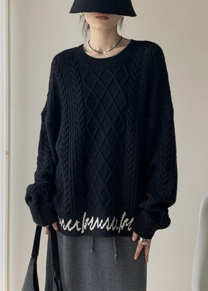 French Black O-neck Letter Cable Knit Sweaters Spring