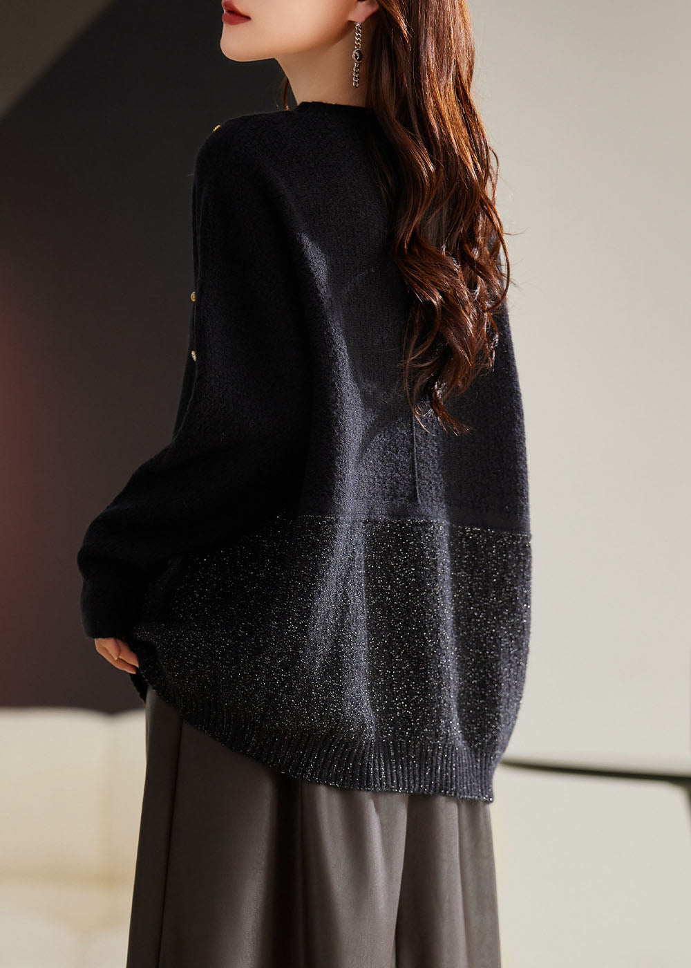 French Black O-neck Patchwork Cozy Cotton Knit Sweater Winter