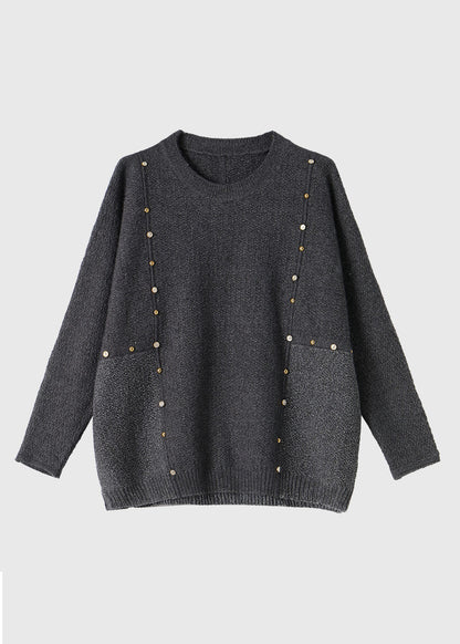 French Black O-neck Patchwork Cozy Cotton Knit Sweater Winter
