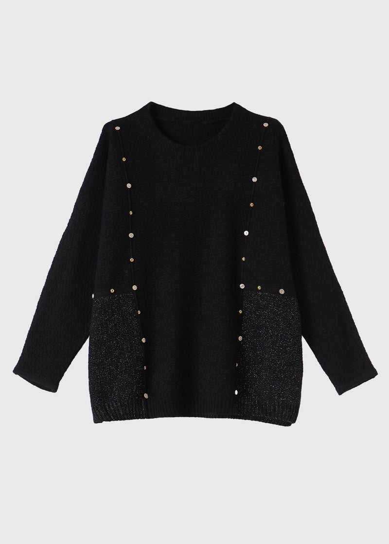 French Black O-neck Patchwork Cozy Cotton Knit Sweater Winter