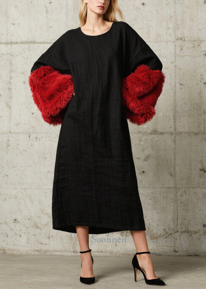 French Black O-neck Patchwork Faux Fur Straight Dresses Fall