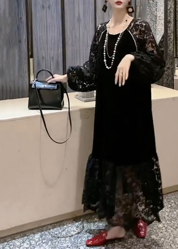 French Black O-neck Patchwork Hollow Out Lace Holiday Long Dress Long Sleeve
