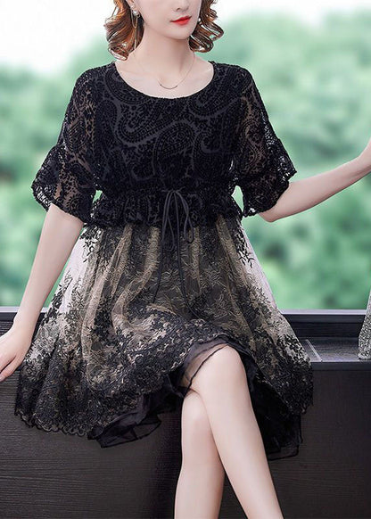 French Black O-neck Patchwork Organza Cinch Dress Summer