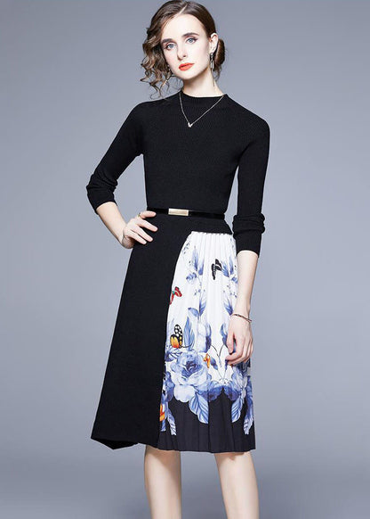 French Black O-neck Patchwork Print Knit Long Dress Long Sleeve