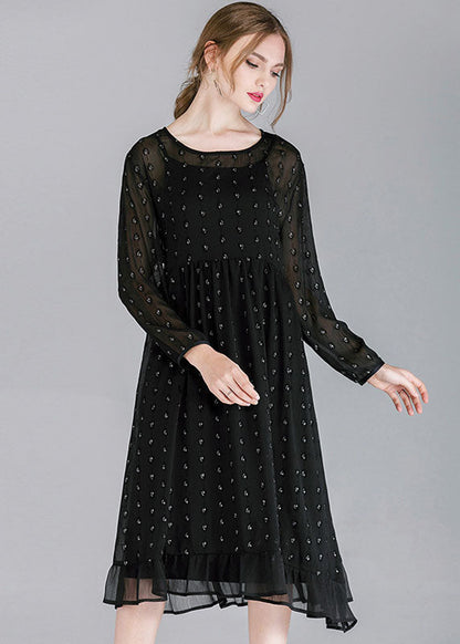 French Black O-neck Patchwork Ruffled Chiffon Dress Two Pieces Set Spring