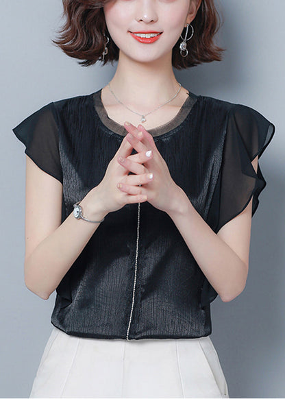 French Black O-neck Patchwork Ruffles Silk Blouse Top Summer