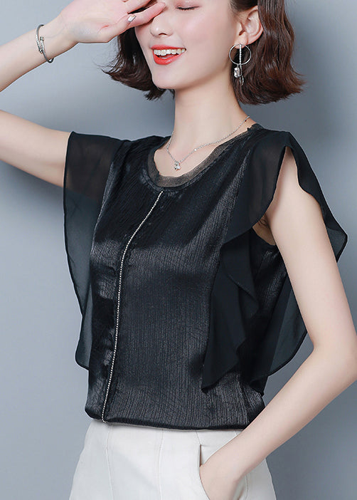 French Black O-neck Patchwork Ruffles Silk Blouse Top Summer
