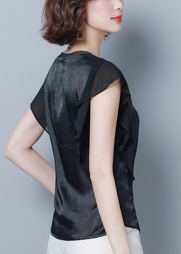 French Black O-neck Patchwork Ruffles Silk Blouse Top Summer