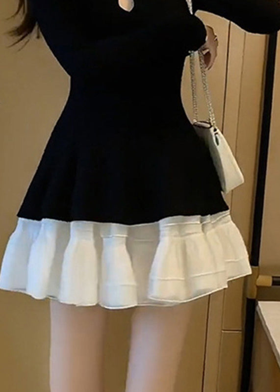 French Black O-neck Patchwork Vacation Mid Dress Spring