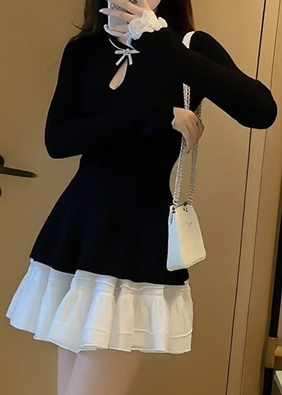 French Black O-neck Patchwork Vacation Mid Dress Spring