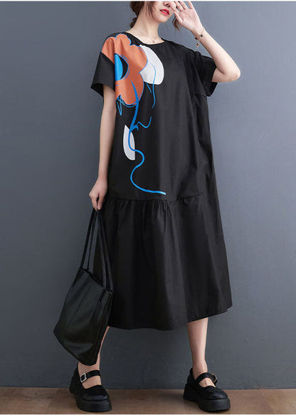 French Black O-neck Patchwork Wrinkled Cotton Party Dress Summer