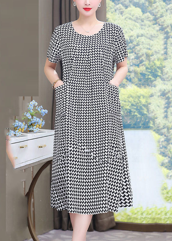 French Black O-neck Plaid Patchwork Maxi Dresses Summer