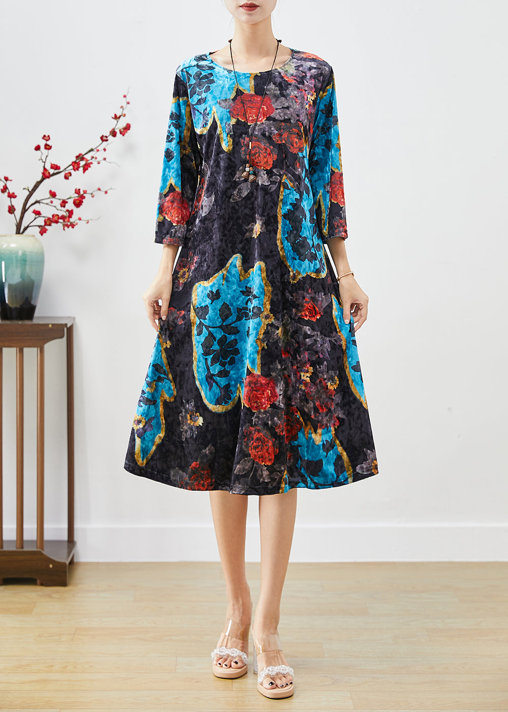 French Black O-neck Print Silk Velour Maxi Dresses Bracelet Sleeve