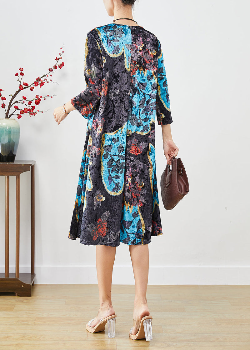 French Black O-neck Print Silk Velour Maxi Dresses Bracelet Sleeve
