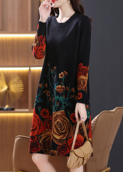 French Black O-neck Print Wool Knit Dresses Spring