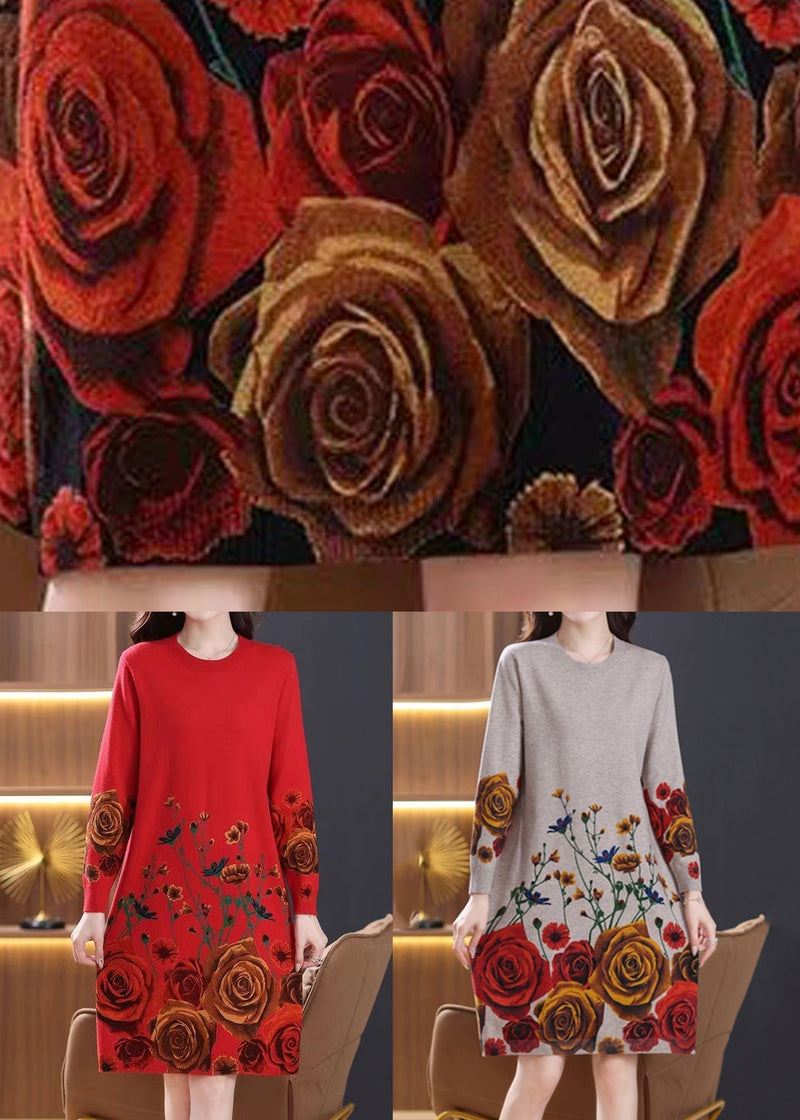 French Black O-neck Print Wool Knit Dresses Spring