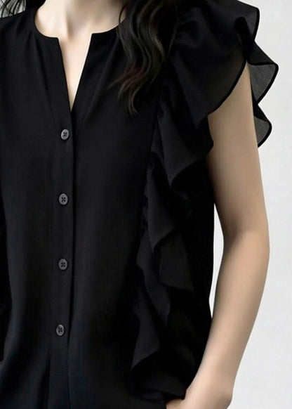 French Black O-neck Ruffled Patchwork Chiffon Shirt Summer