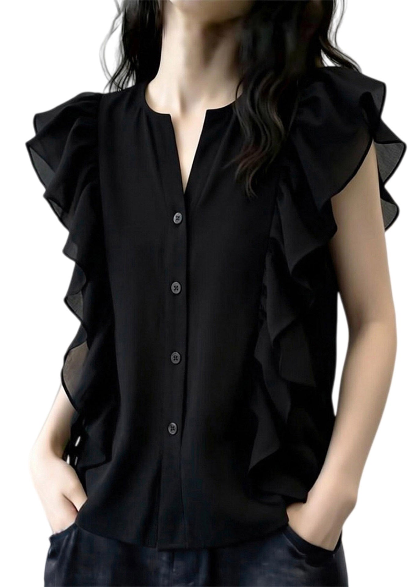 French Black O-neck Ruffled Patchwork Chiffon Shirt Summer