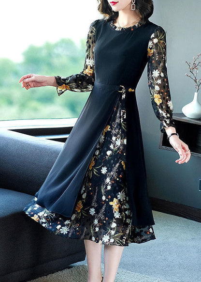 French Black O-neck Ruffled Patchwork Print Chiffon Long Dress Spring