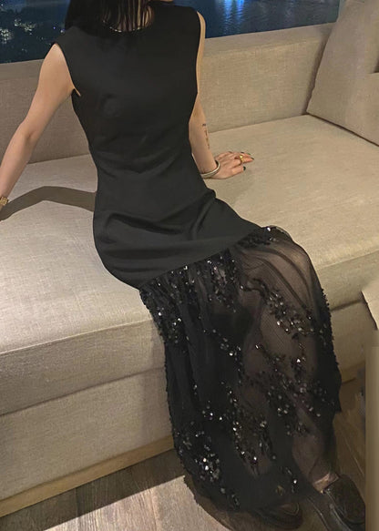 French Black O-neck Sequins Patchwork Tulle Maxi Dress Short Sleeve