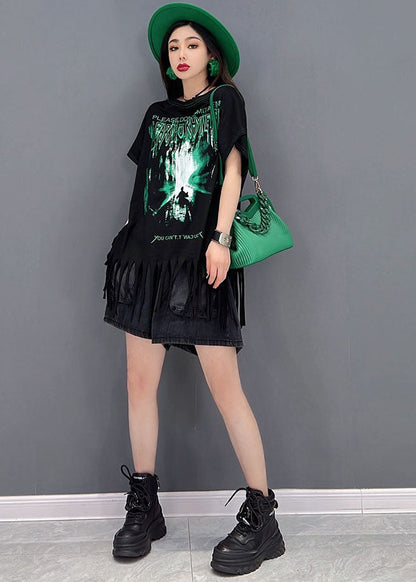 French Black O-neck Tassel Print Cotton Tank Tops Short Sleeve